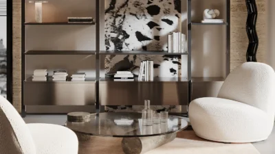 Nowoczesne lobby hotelowe z aluminiową zabudową ścienną ZYLA połączoną z drewnem i subtelnym oświetleniem LED.